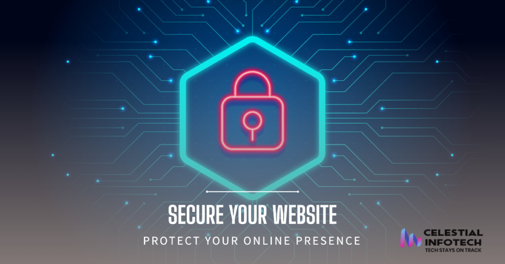 A laptop displaying a secure website (HTTPS) with a padlock symbol in the address bar, symbolizing website security for Dover businesses_celestialinfotech.com