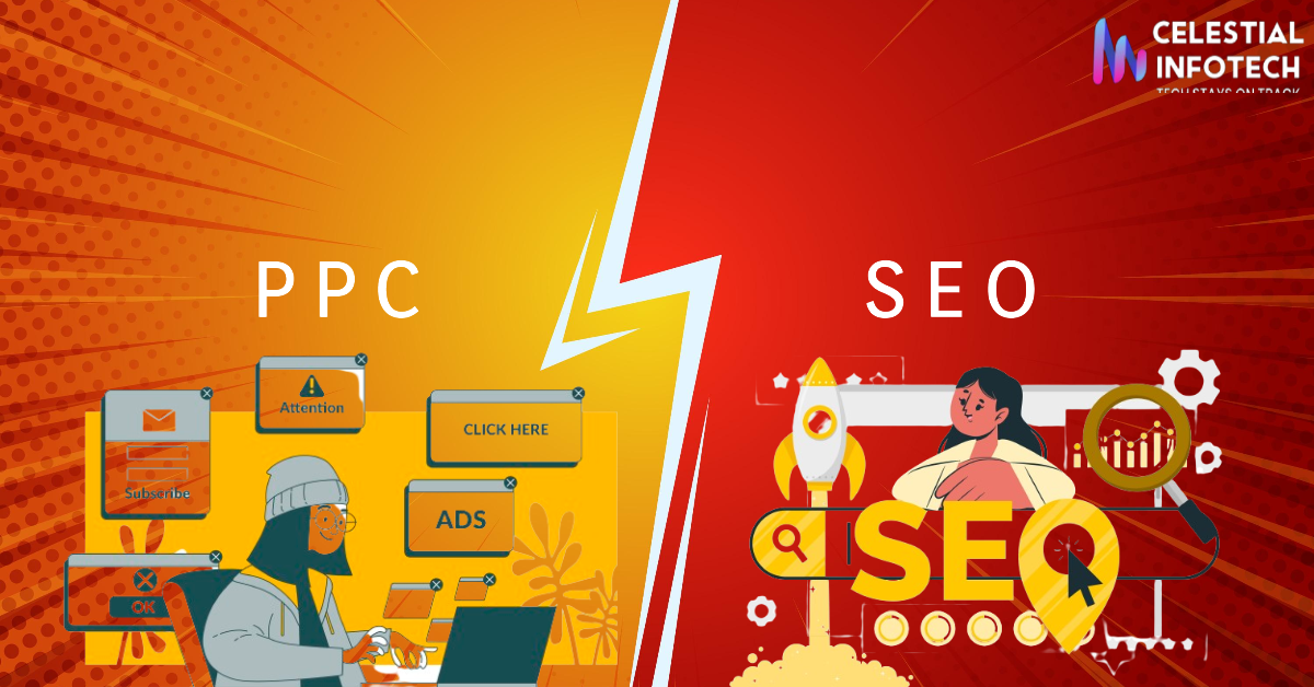 Dover Delaware SEO vs PPC graphic. Blue magnifying glass on left represents SEO, with gears and funnel on right representing PPC. Text in center compares SEO and PPC for Dover Businesses_celestialinfotech.com