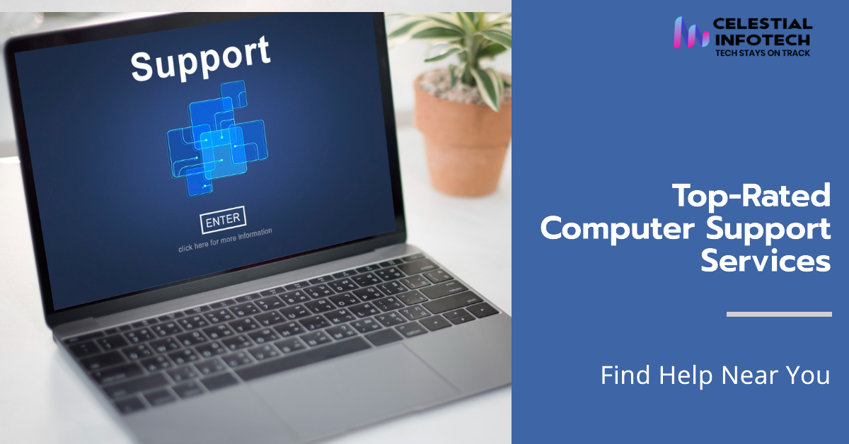 Frustrated computer user at desk with a broken computer. Text overlay: Top-Rated Computer Support in Delaware: Get Help Fast._celestialinfotech.com