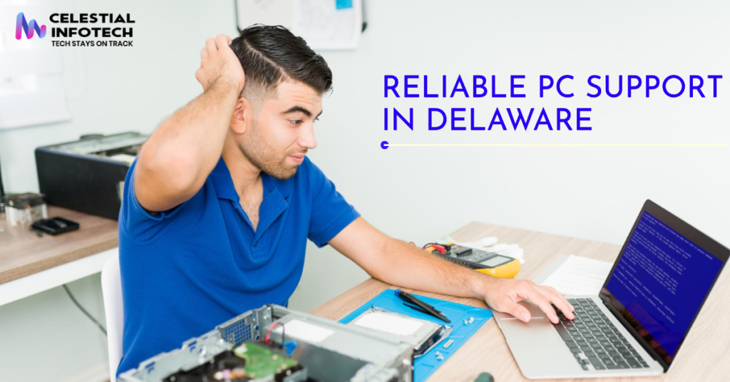 Frustrated computer user with a blue screen on their PC. Text overlay: "Reliable PC Support in Delaware. Get Professional Help Now."_celestialinfotech.com
