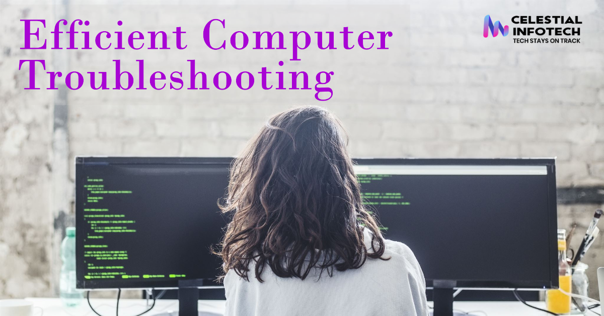 A vibrant infographic illustrating common computer problems and their solutions, with icons and diagrams_celestialinfotech.com